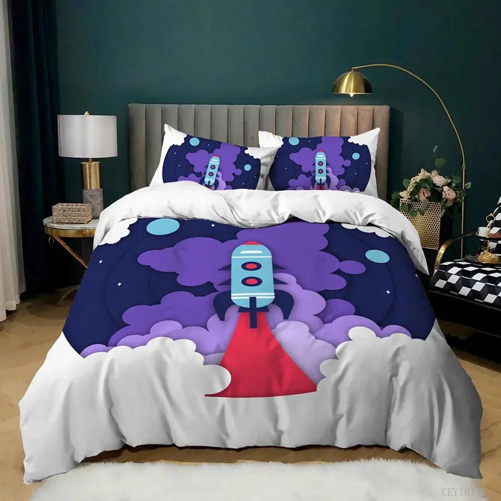 Cartoon Science Fiction Space Themed Earth Rocket Comfortable Duvet Quilt Cover Pillowcase Bedding Set Decoration Home Textile