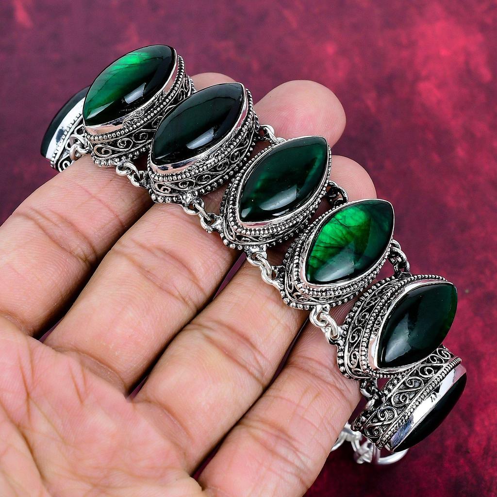 Green Flash Labradorite Handmade Gemstone Bracelet, 925 Solid Sterling Silver Bracelet Antique Jewelry, Adjustable Chain Bracelet Engagement Gift