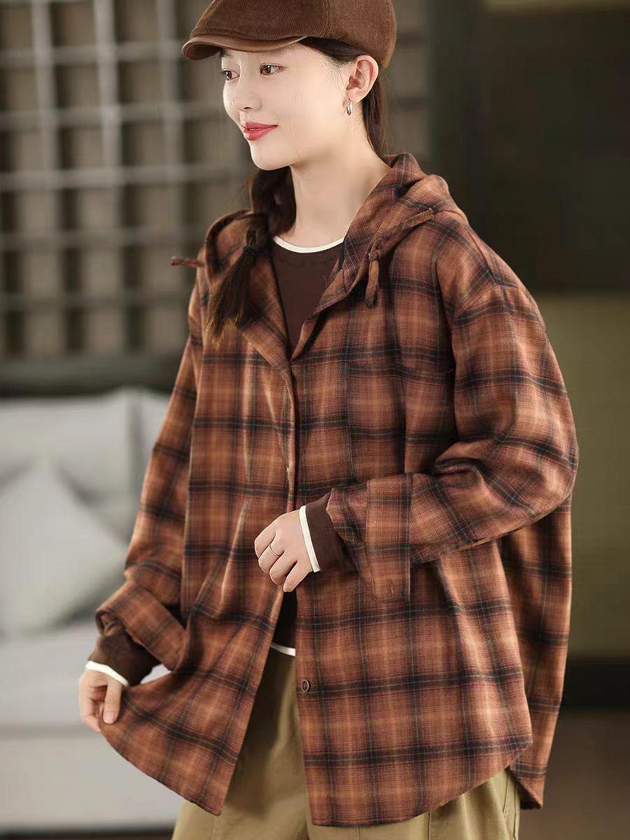 

Johnature Women Vintage Plaid Shirts Hooded Autumn Blouses Button Long Sleeve Loose Cotton Soft Female Casual Shirts One Size