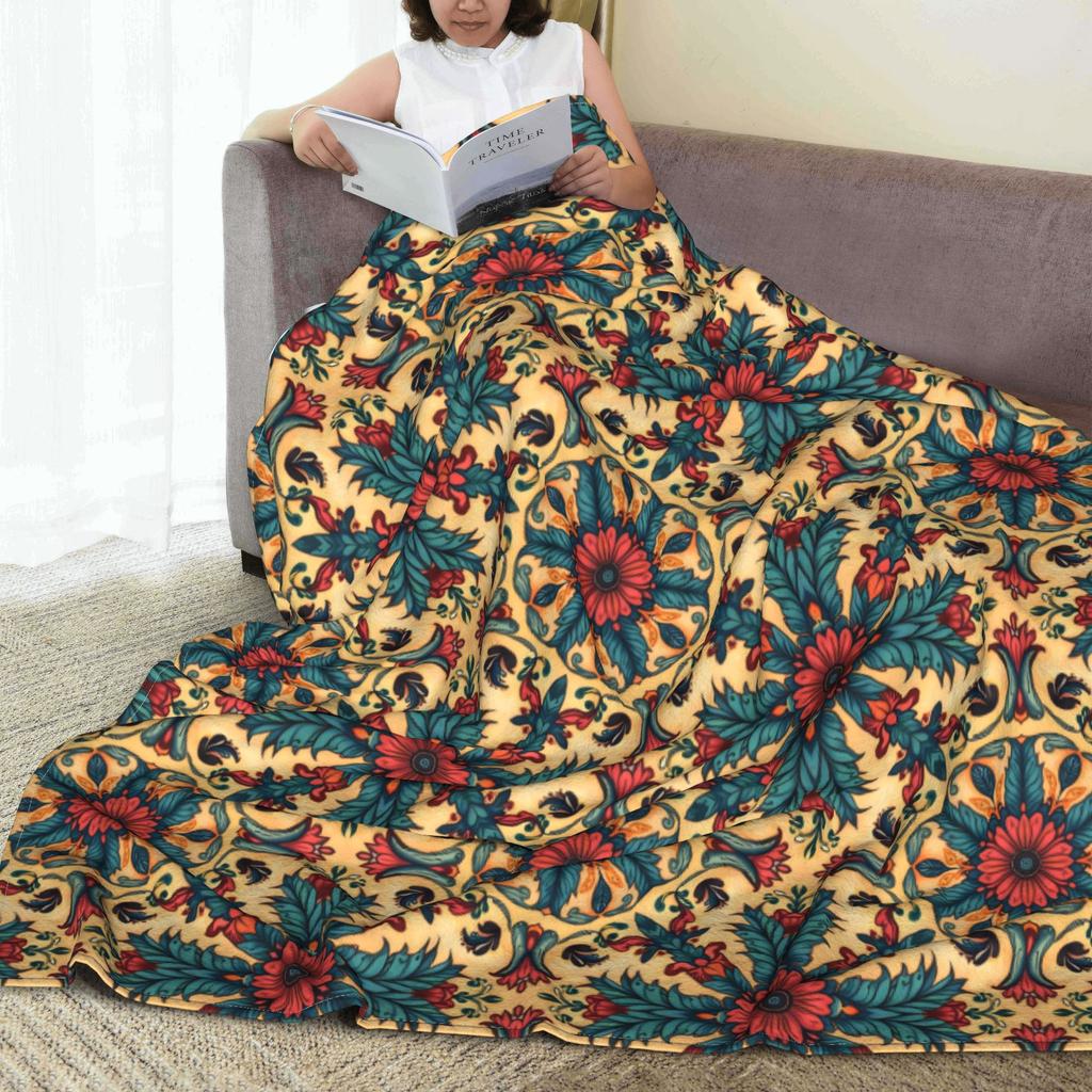 Flannel Throw Blanket Symmetrical Ornamental Tile Floral Pattern In Boho Style Blankets Soft Bedding for Bed Home Travel Sofa