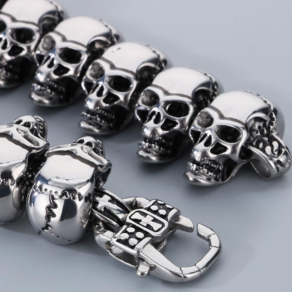 Cool Death's Head Bracelet for Men Vintage Black Old Silver Color Solid Stainless Steel Men's Bracelets Skull Chain Jewelry Male