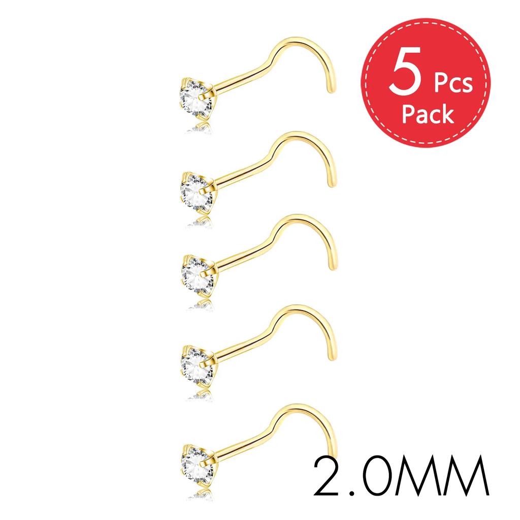 5Pcs CZ Gem Stainless Steel Nose Piercing Stud Crystal Nariz Body Jewelry S L Bone Shape Nostril Rings for Women Girl 20g 0.8mm