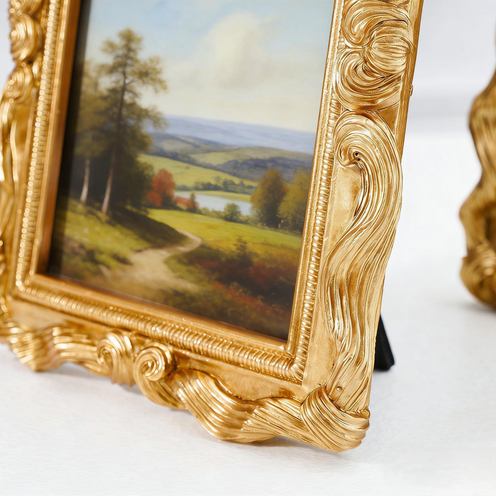 

Resin Picture Frame Gold Color with Ornamental Carved Bow Top and Floral Side Accents for Formal or Vintage Spaces 6-inch