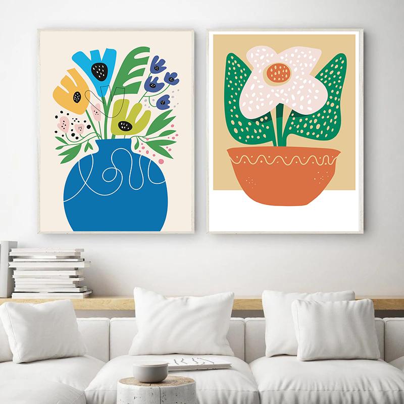 Bright Modern Plant And Flower Minimalist Poster Abstract Vase Leaves Prints Canvas Painting Wall Picture Home Living Room Decor