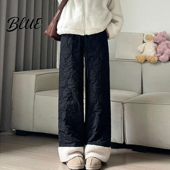 Casual Trousers Women Cotton Pants Elastic High Waist Solid Color Wide Leg Work Causal with Pockets Thickened Plush Lining Winter