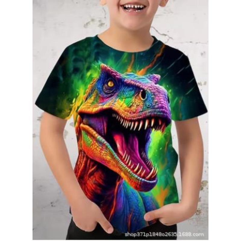 

Летняя футболка с круглым вырезом и 3D-принтом динозавра, имитирующим масляную живопись, модная повседневная футболка с коротким рукавом для детей и мальчиков 170