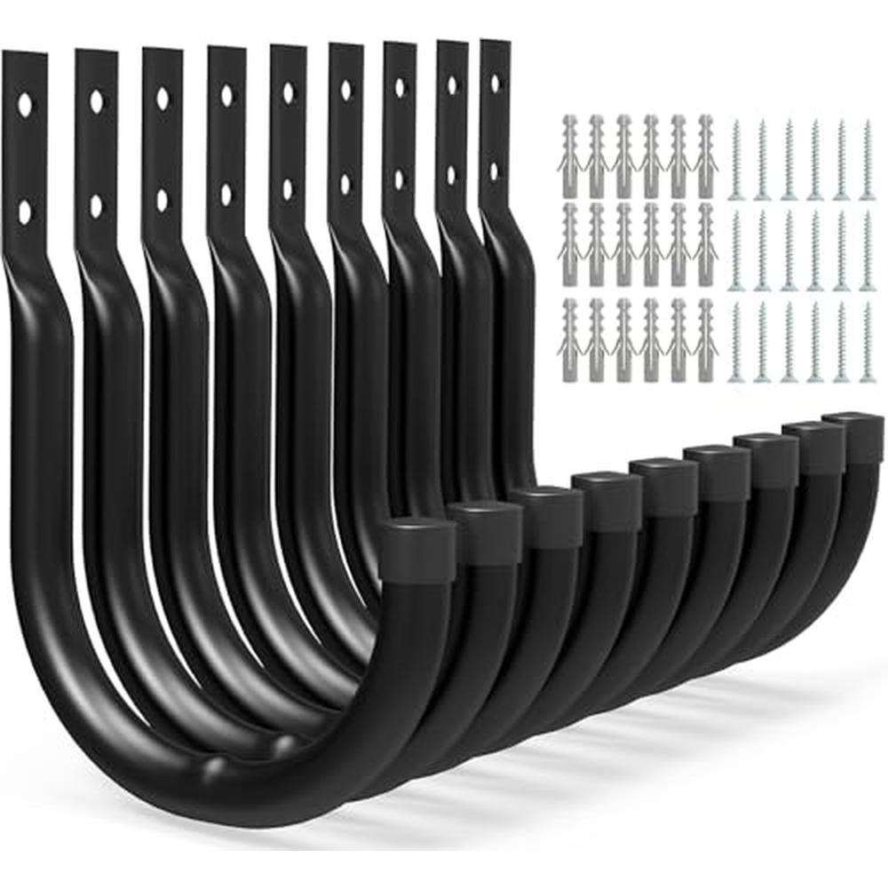 Black 9PCS Iron Wall Hooks For Garage Ladder Storage Tools Bikes Garden Hoses Heavy Duty Rust Resistant Design