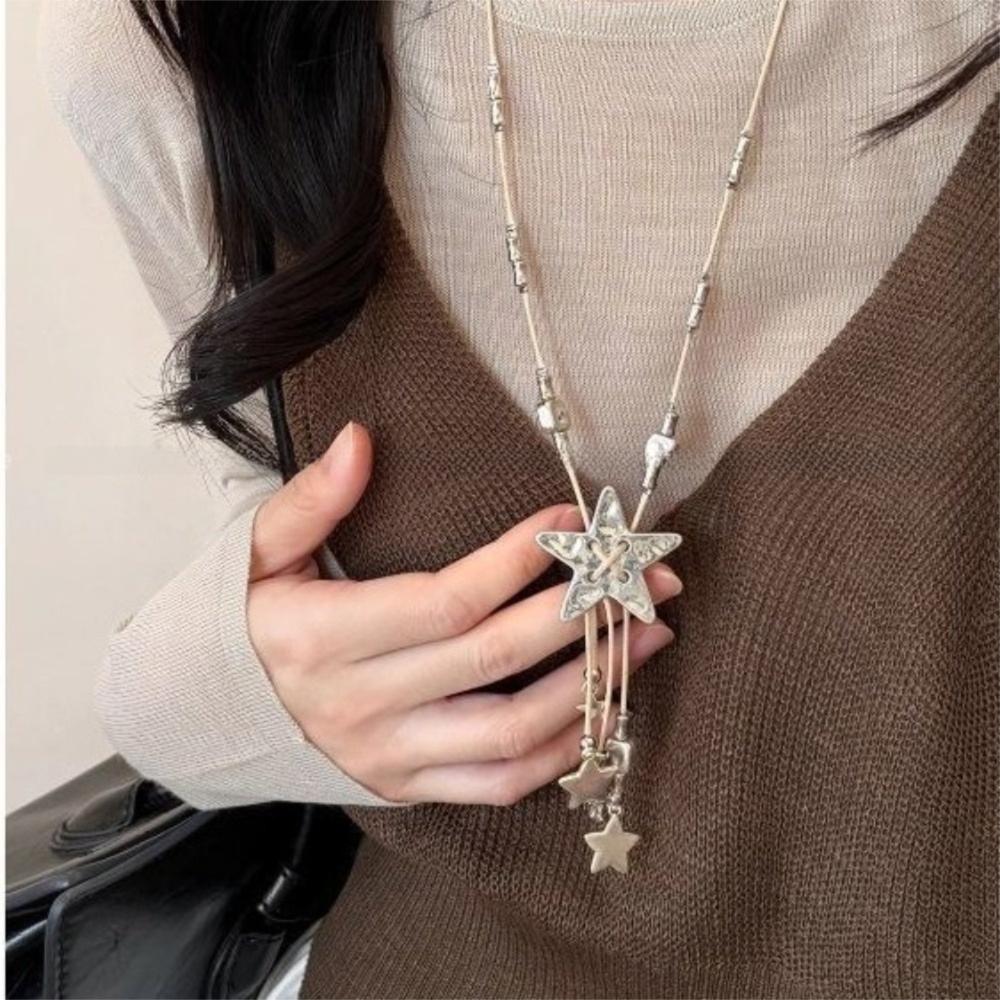 Vintage Y2k Star Tassel Necklace Long Chain Leather Rope Woven Necklace Zinc Alloy Sweet Cool Choker Jewelry Women's Jewelry