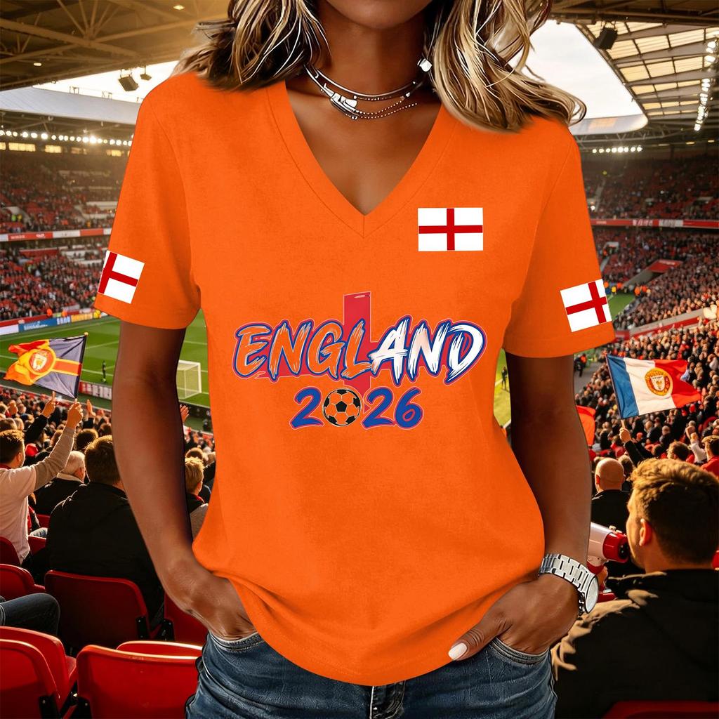 Damen Lässiger Pullover mit V-Ausschnitt und kurzen Ärmeln Fußball-Fan-T-Shirt mit England-Flaggen-Aufdruck Leicht Bequem