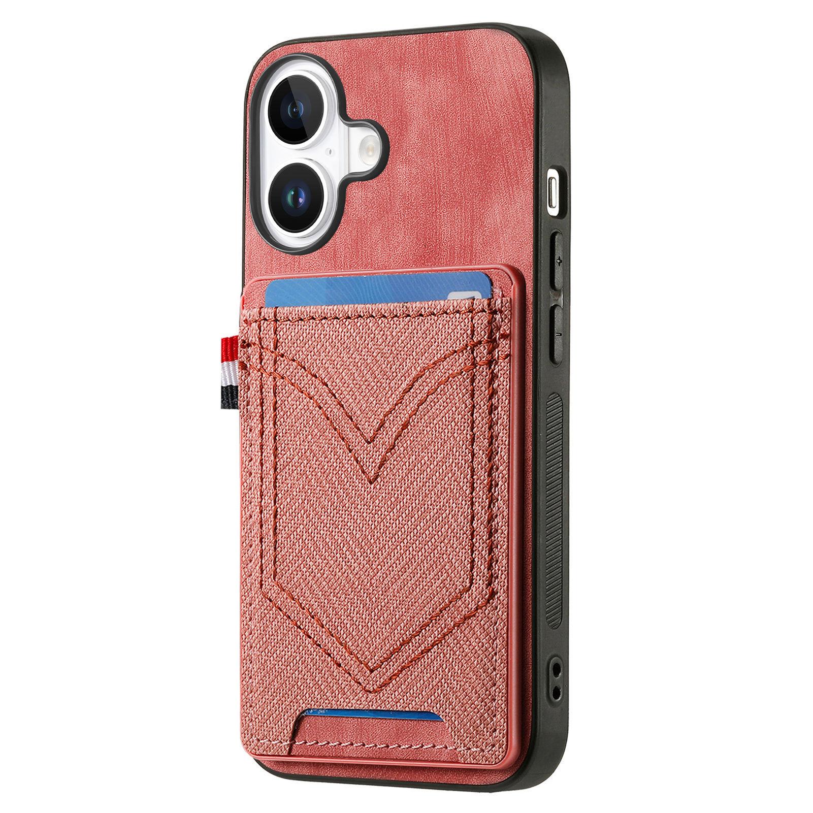 

For iPhone 16 Plus Phone Case Retro Jean Cloth Texture Leather TPU Card Holder Pink