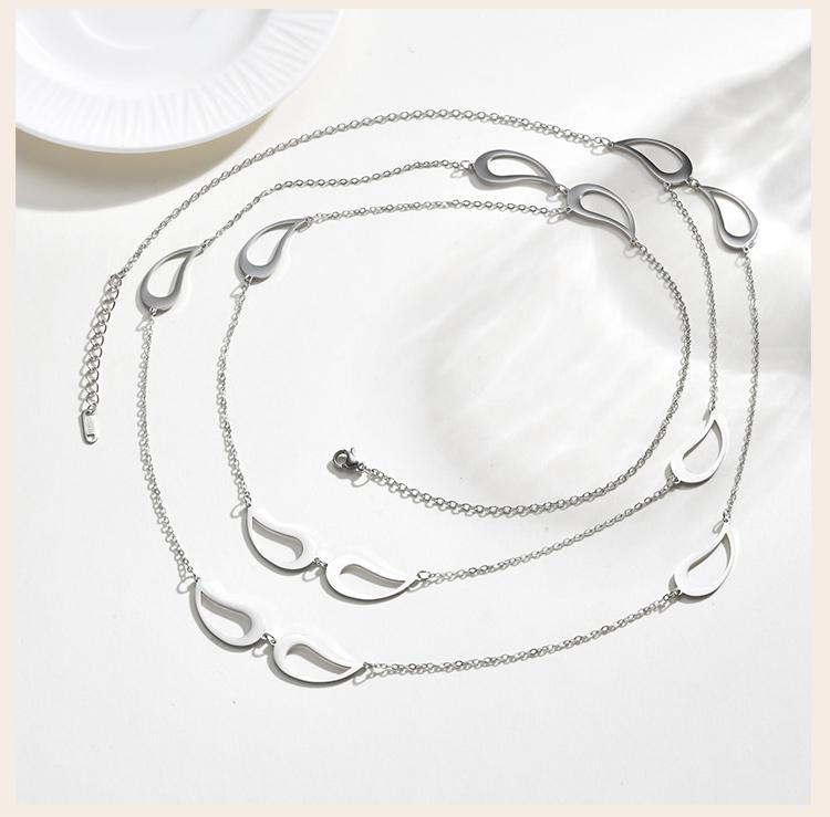 Women's Double Layer Necklace Long Chain Stainless Steel Hollow Teardrop Pendant Silver Color Layered Jewelry