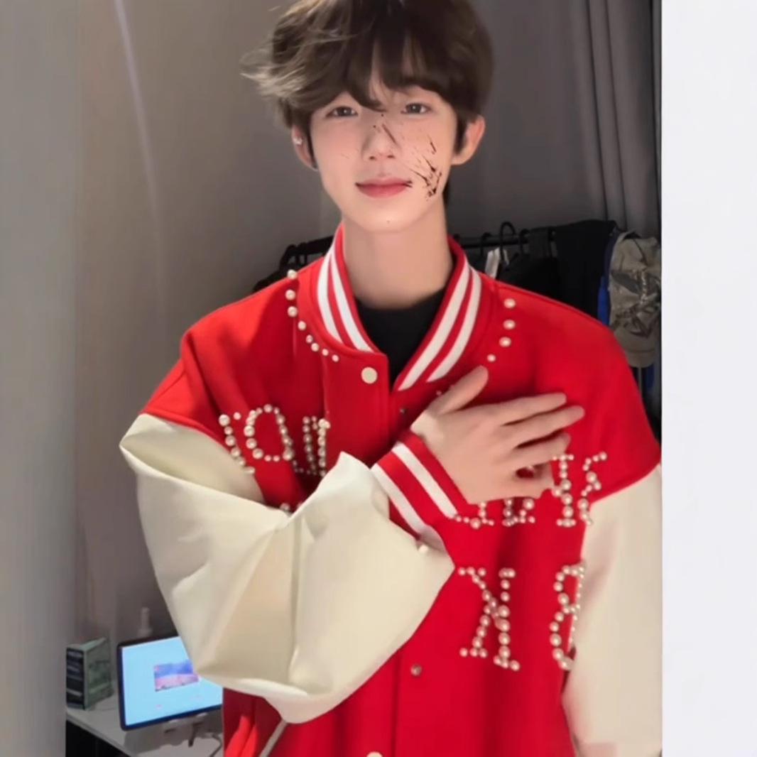 

Мужская бордовая куртка-бомбер с бисером - Вышитая цветная блочная весенняя верхняя одежда M красный