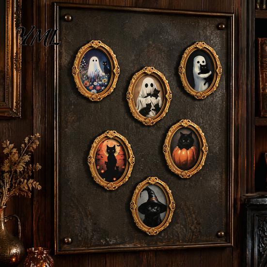 Refrigerator Magnet Set 1/6Pcs Halloween Retro Frame Magnet, Wooden Fridge Kitchen Appliance Accessories Decoration, Memo Note Holder for Holiday