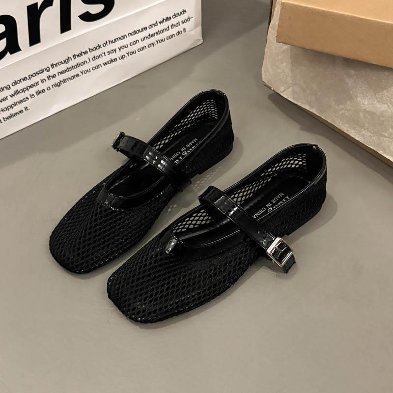Vintage Round Head Mesh Breathable Mary Jane Women's Shoes Thick Heel One-word Buckle with Light Mouth Ballet Shoes Single Shoes Women