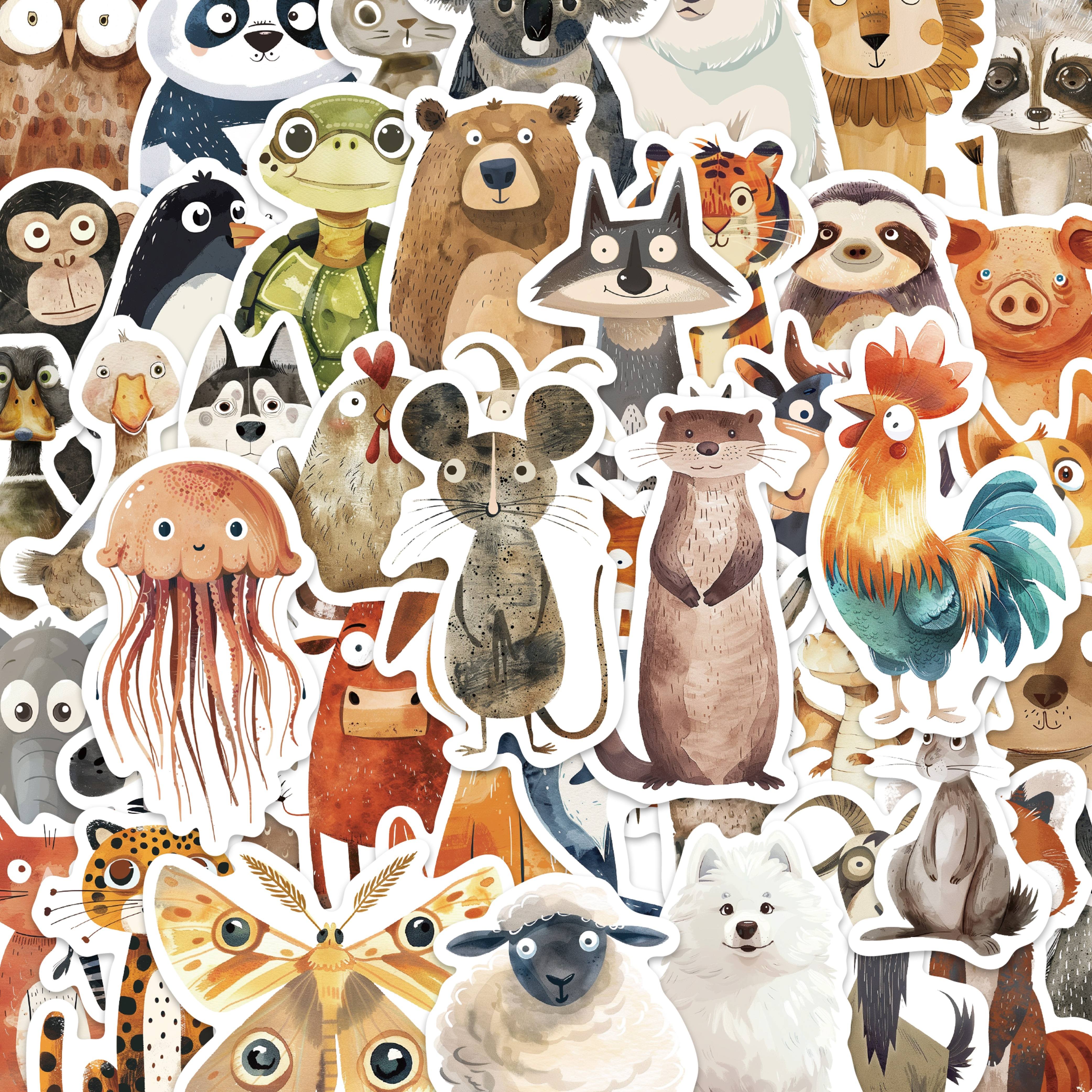 

50-Pack Whimsical Watercolor Animal Stickers, Cartoon Style PVC Decals for Skateboards, Helmets, Laptops,Luggage,and Phone Cases