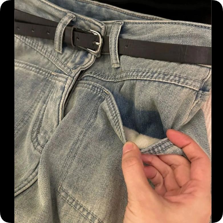 Autumn and Winter American Retro Washed Thickened Plus Velvet Jeans, High Waist, Thin, Straight Loose Wide-leg Trousers