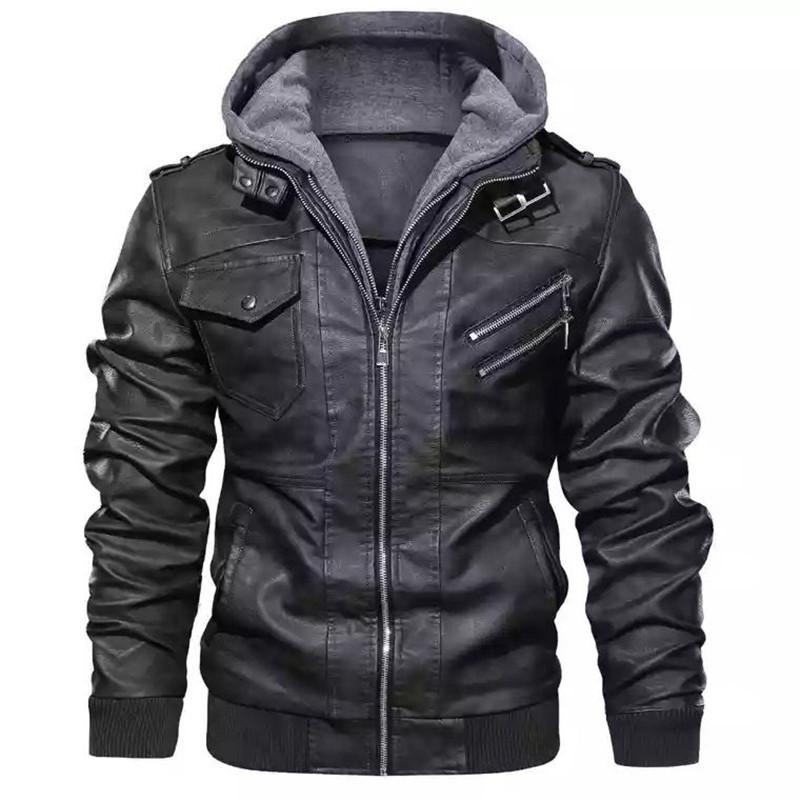 Large Size Men's Autumn Winter Motorcycle Leather Jacket Windbreaker Hooded Jackets