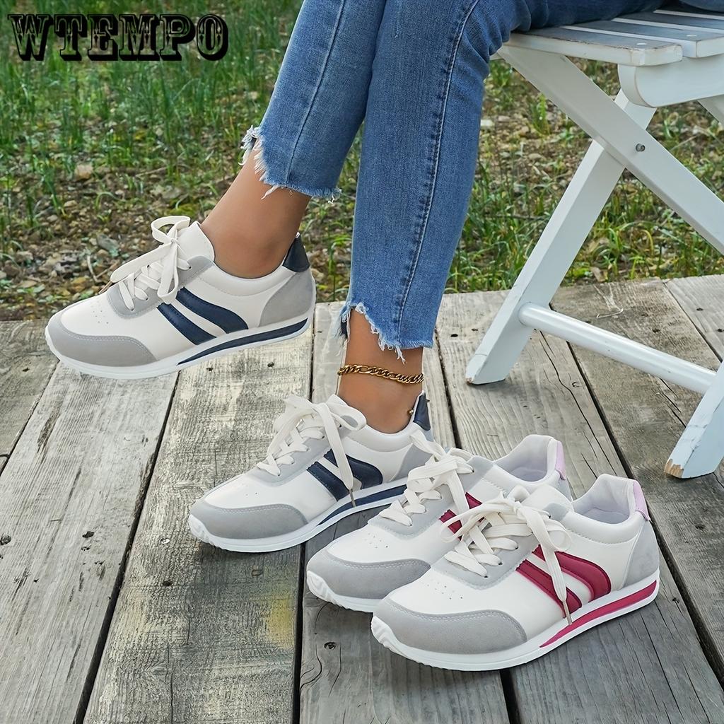 Women's Casual White Sneakers with Blue Accents - Breathable & Comfortable Lace-Up Running Shoes, Low-Top Fitness & Travel Footwear, Soft Rubber Sole