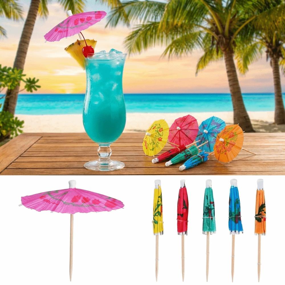100PCS Paper Umbrella Tops Cocktail Picks Wooden Sticks Decorative Skewers Dessert Topping