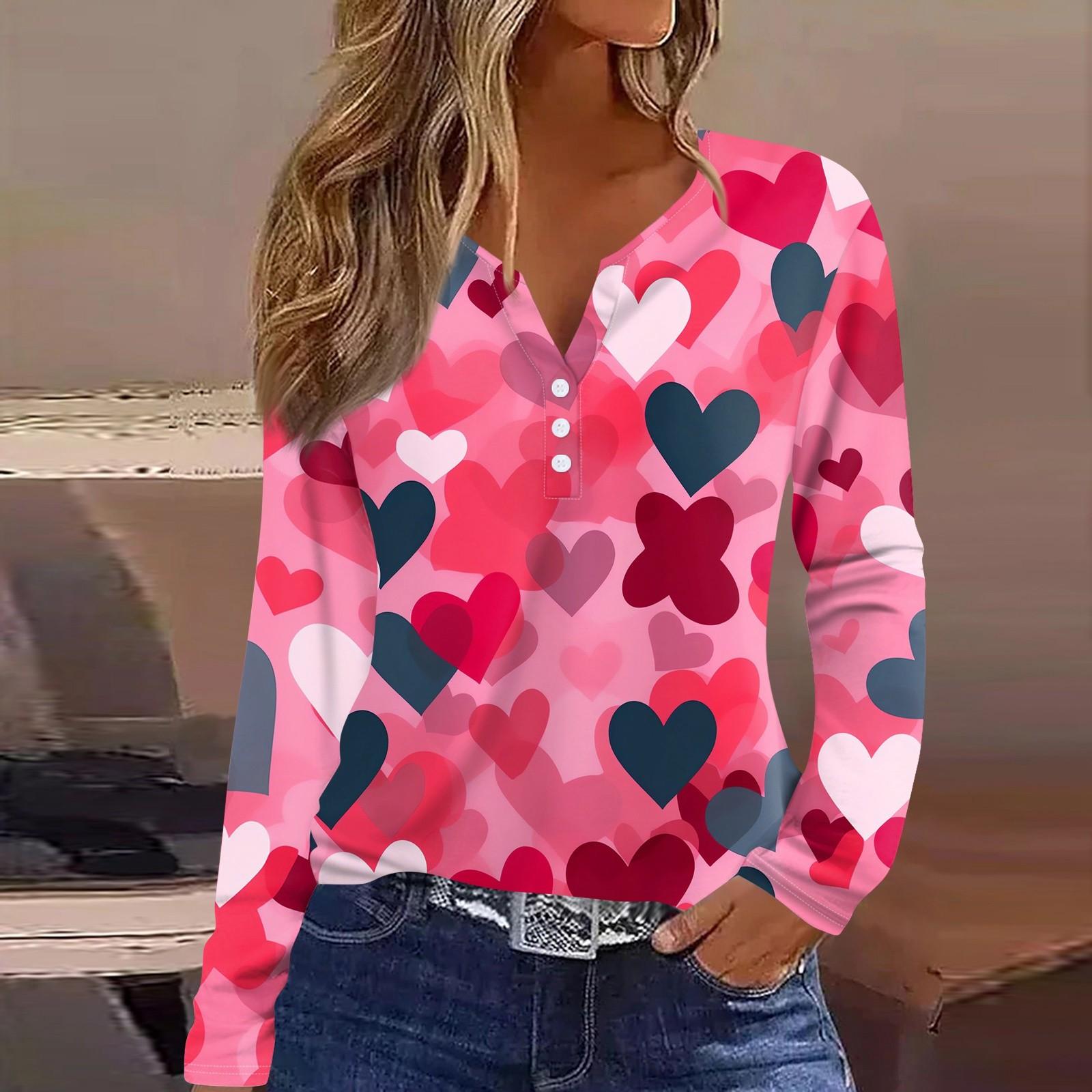 

Женская футболка с принтом ко Дню святого Валентина, туника с длинным рукавом и пуговицами, повседневная мода на выходные, базовый топ с V-образным вырезом M