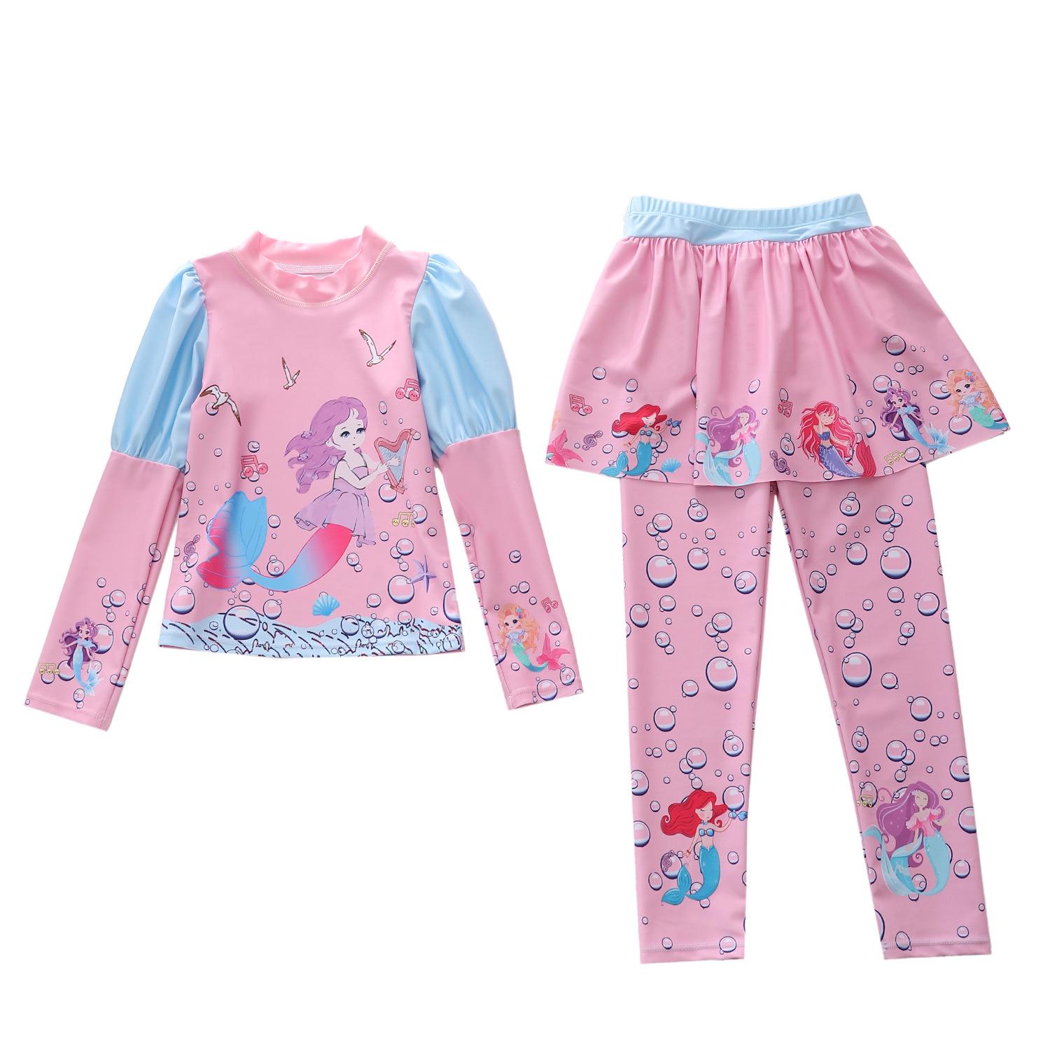 Children s Mermaid Cartoon Sun Protection Swimsuit - Long Sleeve, Color Block, Skirt  Pants Set