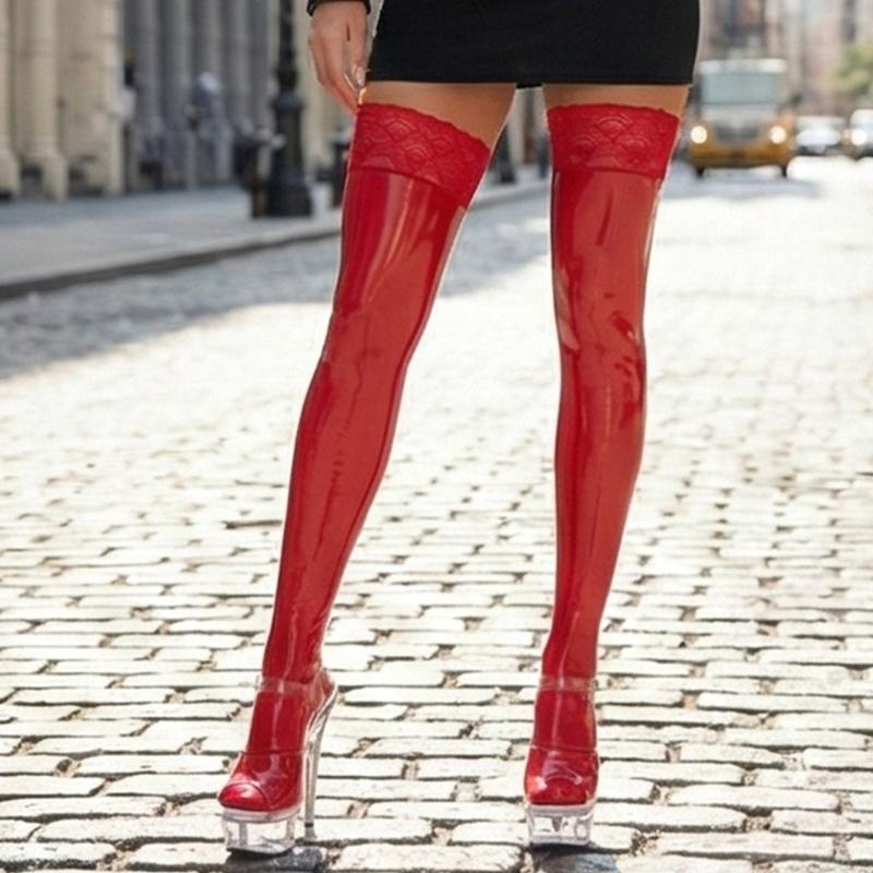 Women’s Shines Thigh High Stockings with Lace Top Oil Glossy Stockings Bright Pantyhose for Party Club Cosplay