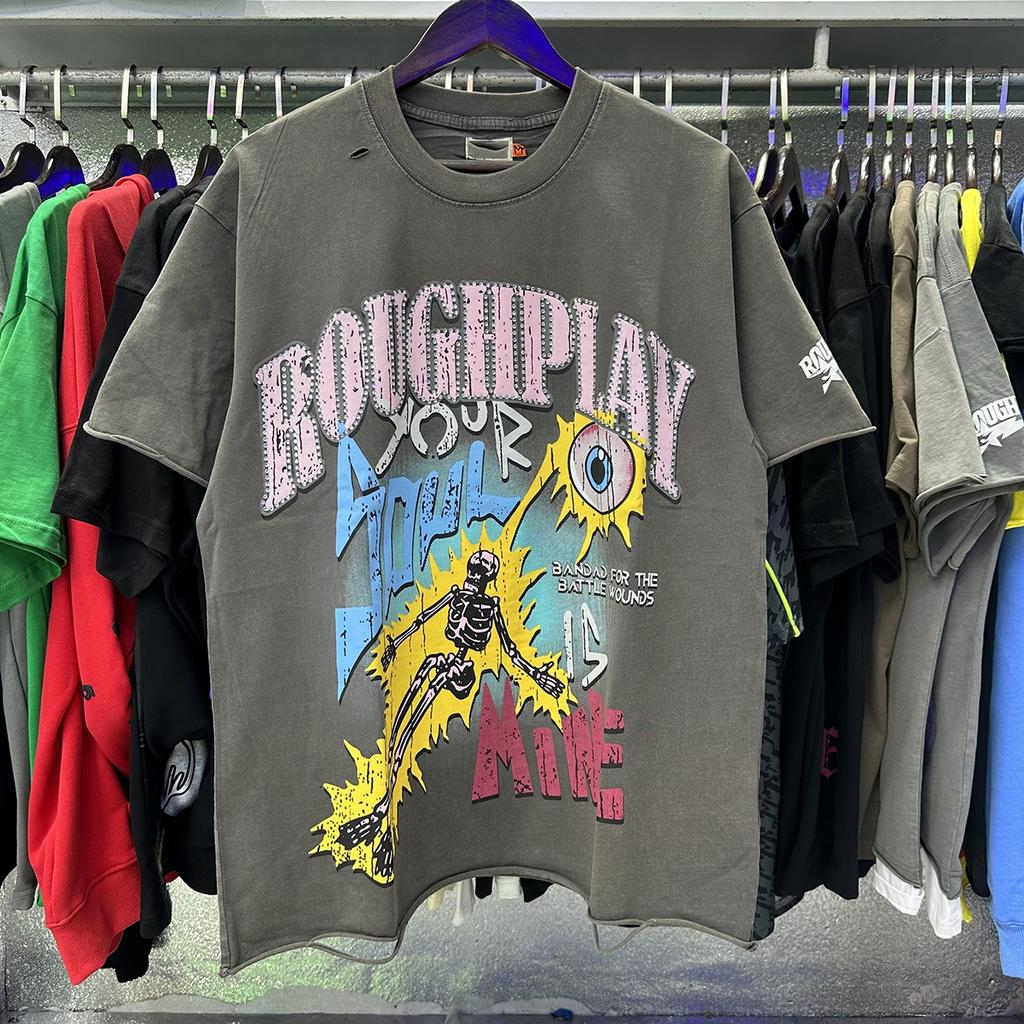 Luminous Skull Print Hot Stamping, Water Washing, Hole Breaking, Making Old Short Sleeved T-shirt for Men and Women
