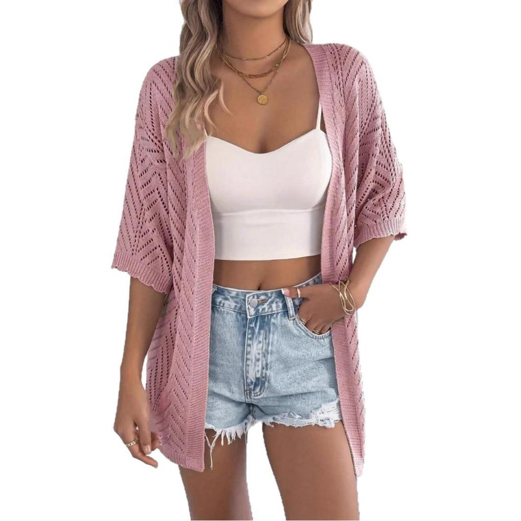 Elegant Bohemian Summer Knit Cardigan - Women's Short Sleeve Style