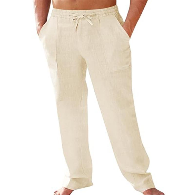 Men's Linen Casual Trousers with Elasticated Waistband Solid Colour, Relaxed Straight Leg with Drawstring Breathable and Stylish Long Trousers