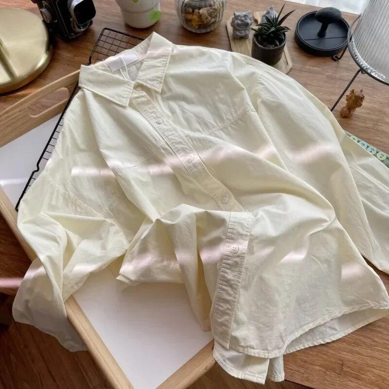 

Осенняя модная рубашка на пуговицах, хлопковая блузка, женские топы, простая однотонная рубашка с отложным воротником, повседневная свободная одежда Blusas 29618 One Size жёлтый