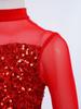 Girls Jazz Dance Jumpsuit: Mock Neck Long Sleeve with Cutout Back & Invisible Zipper, Sheer Mesh Sequins Bodice & Split Bell-Bottoms