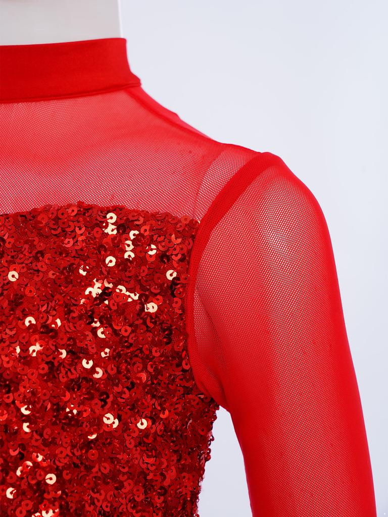 Girls Jazz Dance Jumpsuit: Mock Neck Long Sleeve with Cutout Back & Invisible Zipper, Sheer Mesh Sequins Bodice & Split Bell-Bottoms
