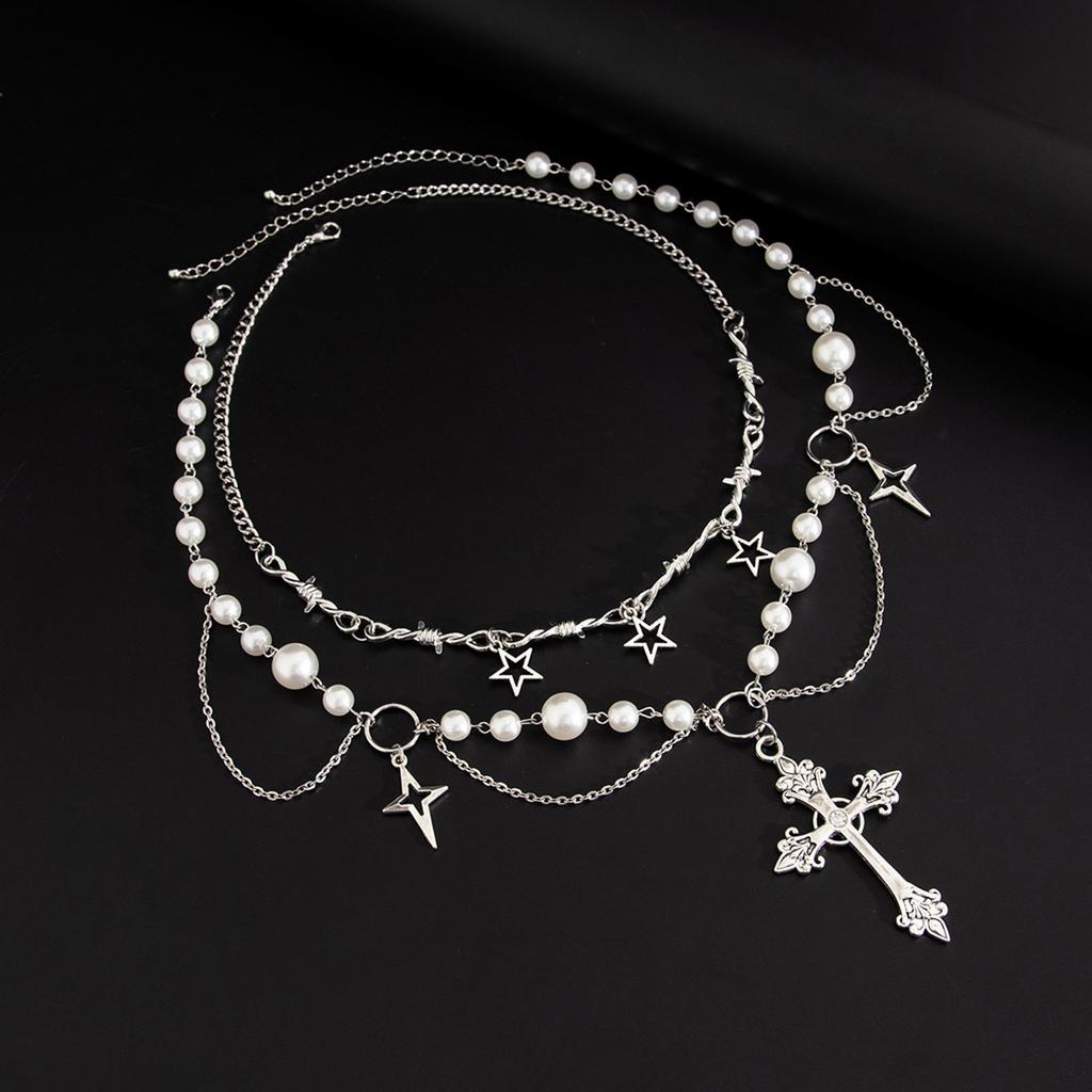 2pc Elegant Crosses Pearls Necklace Versatile Crosses Pendant Pearls Necklace Jewelry for Faithful Fashionistas