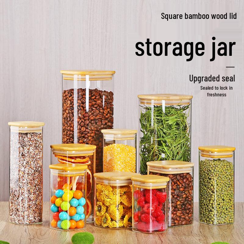 Square Glass Storage Jar with Bamboo Lid for Home Display and Storage