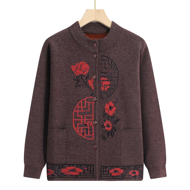 Middle-aged and Elderly Autumn and Winter Cardigan Top Female Grandma Plus Velvet Thickened Warm Coat Festive Sweater Mother Suit