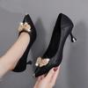 Leather High Heels for Women Metal Butterfly Stiletto Heeled Pointed Ladies Shoes Fashion Comfort Pumps Chaussure Femme