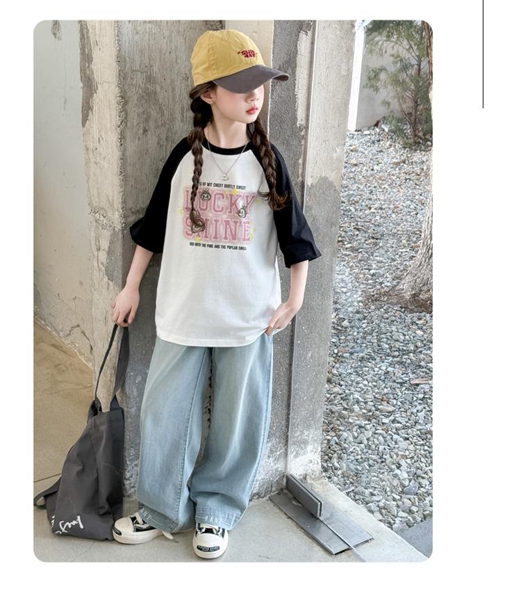 Girls' Short Sleeved Summer New Style Slimming Color Blocked Medium and Large Children's Stylish T-shirt Fashionable Pure Cotton Top