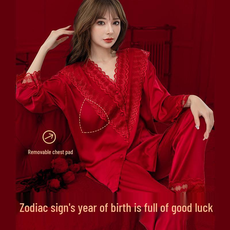 Year of the Ox Women's Red Pajamas with Built-in Bra - V-neck, Soft, Skin-Friendly, Sexy Loungewear - Perfect Gift for Best Friend