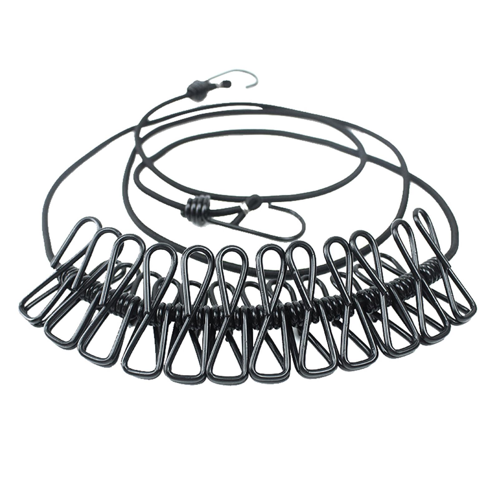 

Портативная веревка для белья с 12 прищепками, ветрозащитная дорожная веревка для белья, эластичная выдвижная эластичная веревка для белья One Size чёрный