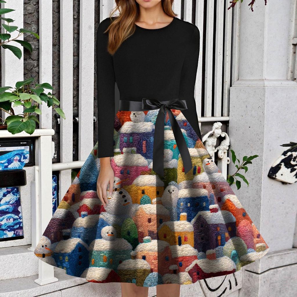 Women's Fashion Round Neck Slim-Fit Christmas Print Long-Sleeved Dress