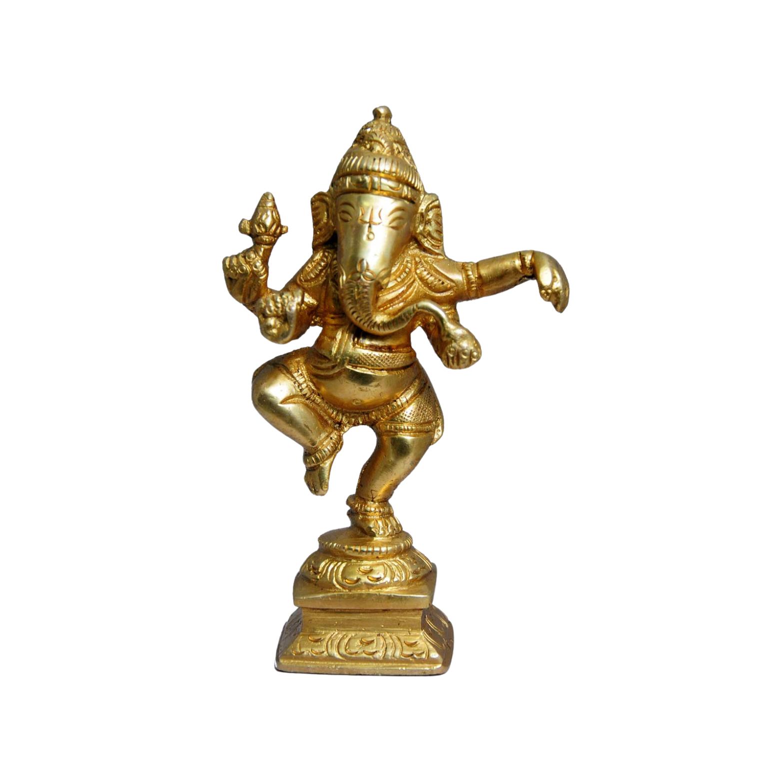 Lord Ganesh, Ganpati, Vigneshwara Statue In Dancing Pose, Brass - 4.5 Inch