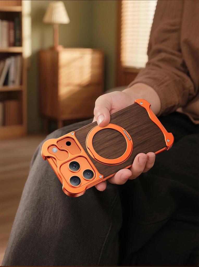 Alien 17 Pro Max Integrated Case with 360° Stand - Solid Wood & Metal, Magnetic Design for 16 Pro Max