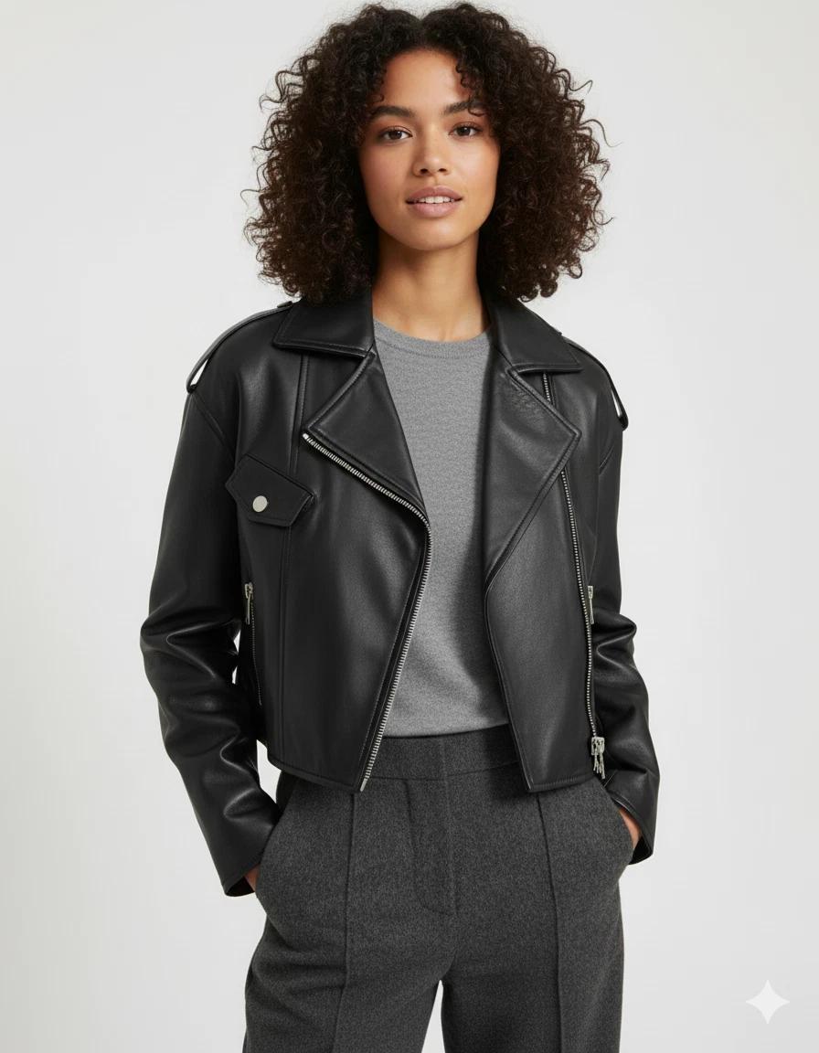 

Women s Party Leather Causal Jacket Black Handmade Genuine Soft Motorcycle Biker 3XL чорний
