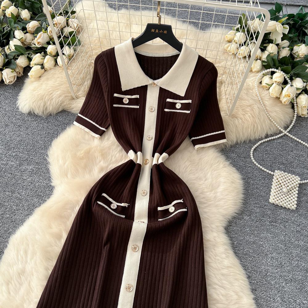 Elegant Slimming Spliced Single-breasted Knit Dresses for Women Lapel Short Sleeves Patchwork Sweater Dress Female