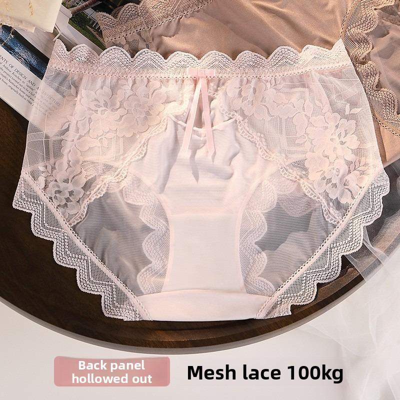 Plus Size Female Summer Sexy Lace Cotton Anti Bacterial Translucent Mesh Briefs