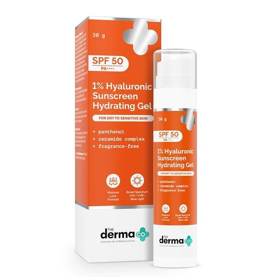 

The Derma Co 1% гиалуроновый солнцезащитный увлажняющий гель SPF 50 PA++++ | Без белого оттенка | Защита от UVA/UVB, широкий спектр | Для мужчин и женщин | 50 г