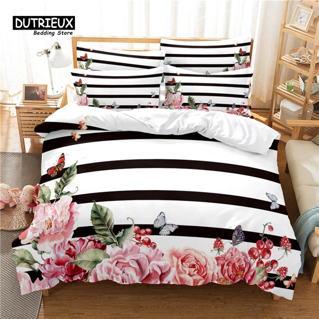 Flowers Duvet Cover Set, Fashion Flower Bedding Set, Soft Comfortable Breathable Duvet Cover, For Bedroom Guest Room Decor