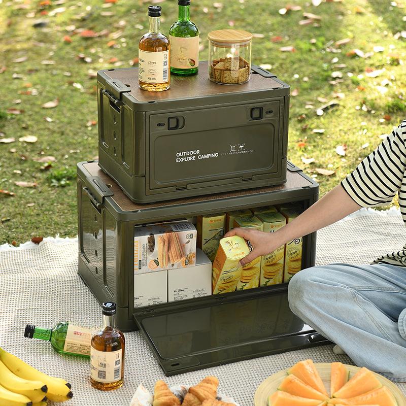 Side Door Wheels Folding Box Camping Outdoor Wooden Lid Storage Trunk for Clothes Books Stall Box Organizer