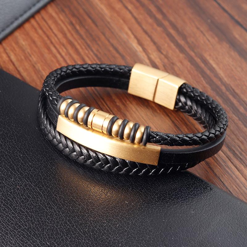 Men's Leather Braided Bracelet Stainless Steel Magnet Buckle Multi-layer Handmade Bangles Retro Simple Bracelet Wholesale