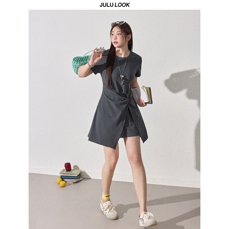 

Julu Studio Hepburn past Slightly Oversized Girls Stylish Asymmetrical Hem Skirt Plus Size Dress Summer Gray L